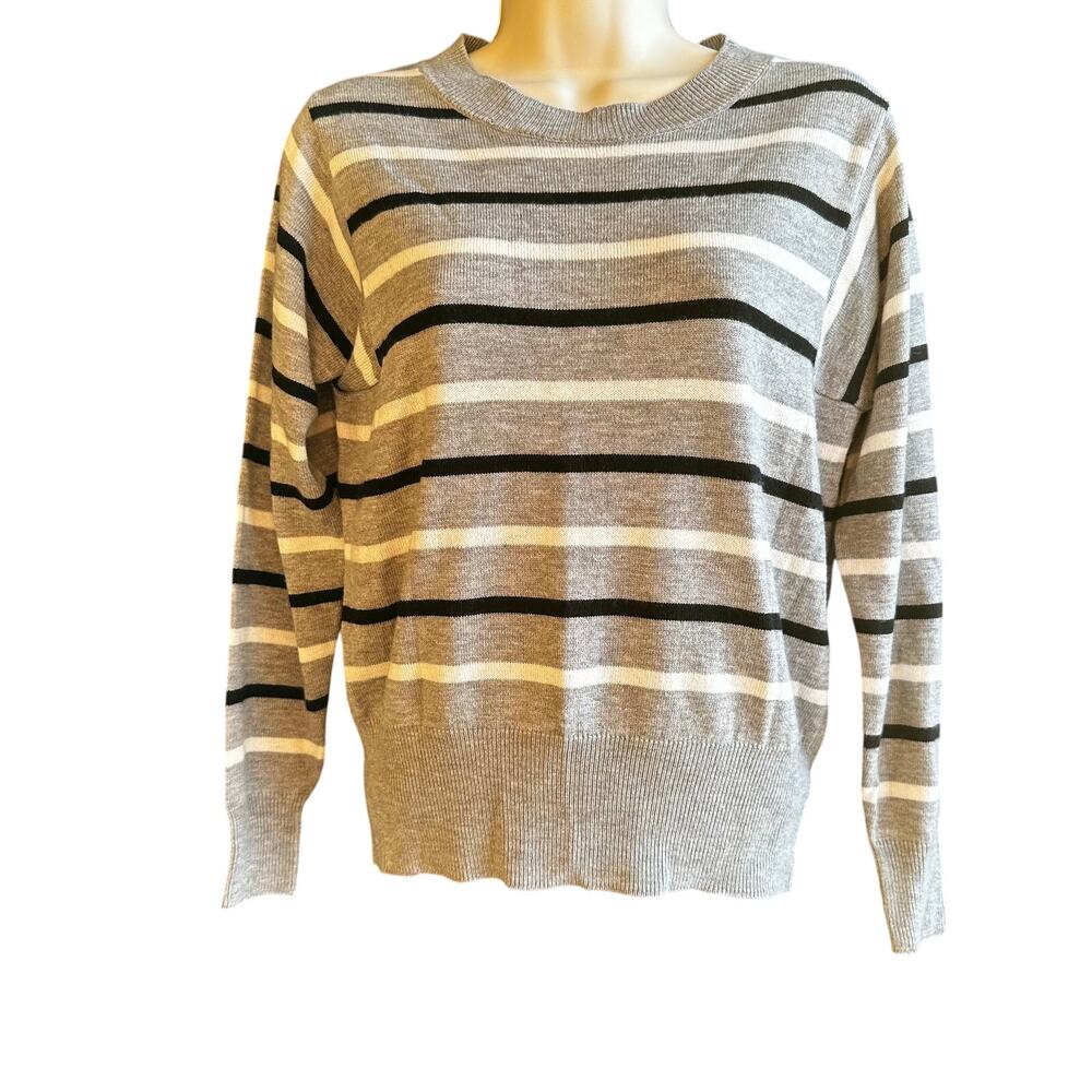 Magaschoni Sweater Wool Blend Crew Neck Striped Gray Women's XS Classic Preppy